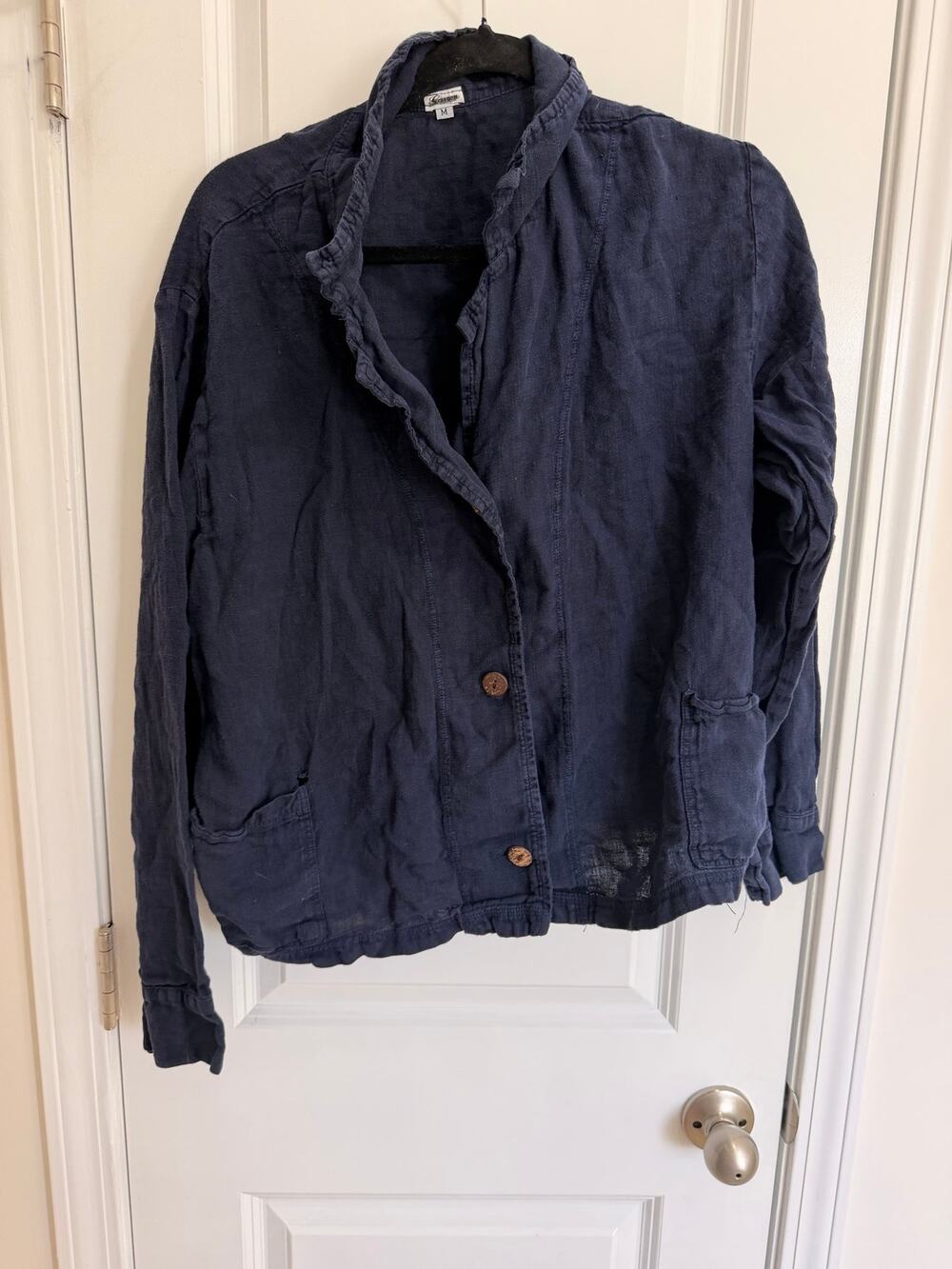 100% Linen Navy Blue Button Front Jacket Women’s Medium Lightweight Boho Coastal